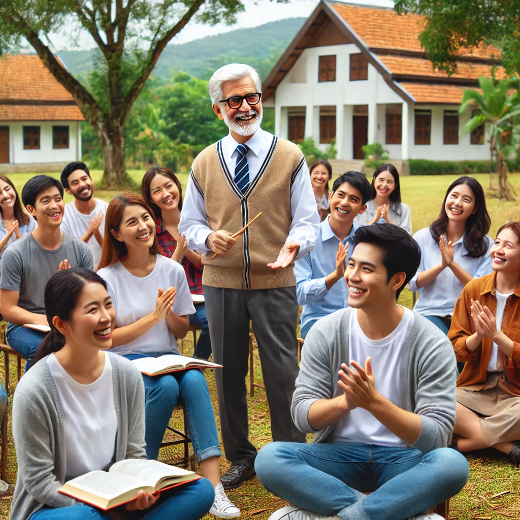 DALL·E 2024-07-05 14.29.31 - A joyful outdoor class with adult students of mixed races being taught by an adult teacher, set in an Asian country. The setting is less for